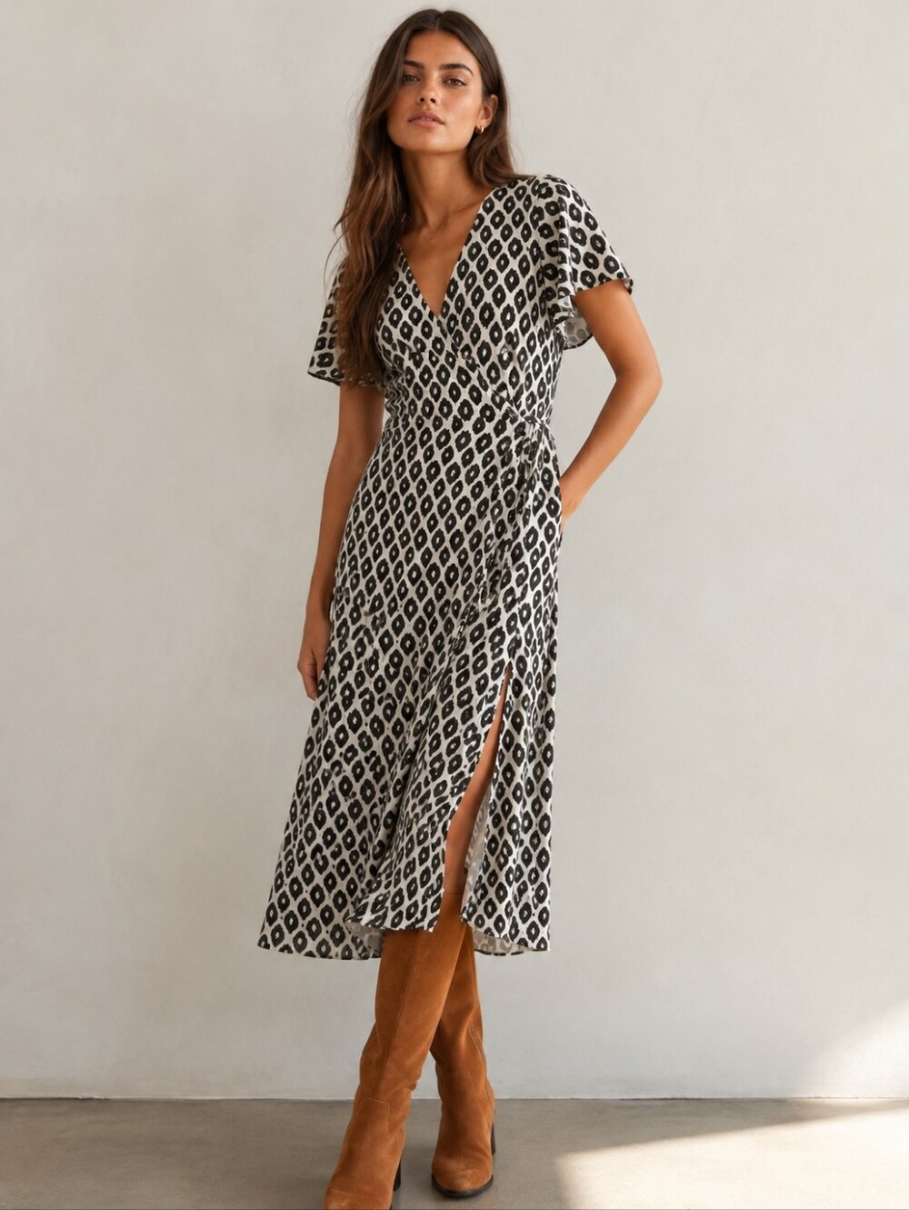 NWT MARINE LAYER Emlyn Midi Wrap Dress Hemp Blend Black Ikat Print Large